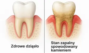 Zdrowa dziąsło vs. stan zapalny spowodowany kamieniem poddziąsłowym. Po prawej widać żółty nalot i zaczerwienione dziąsło.