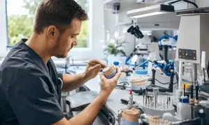 Pracownia protetyczna. Technik dentystyczny pracuje nad modelem szczęki, co wpływa na jego zarobki.