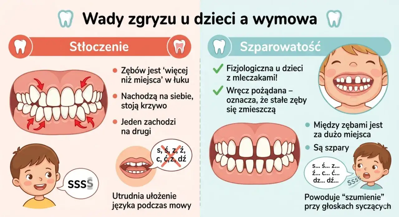 Ilustracja porównuje wady zgryzu: stłoczenie zębów, które utrudnia mowę, i szparowatość, powodującą szumienie głosek.