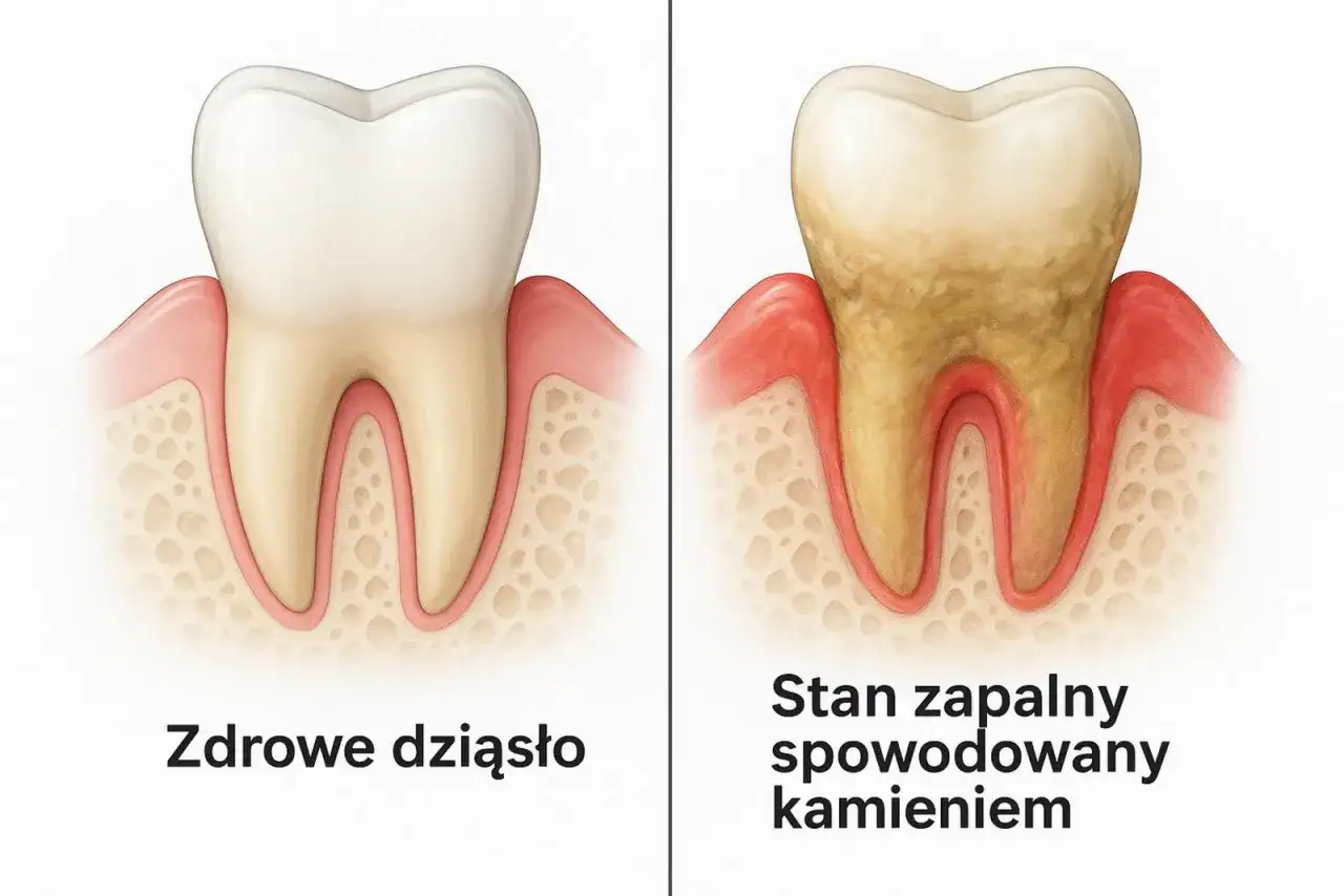 Zdrowa dziąsło vs. stan zapalny spowodowany kamieniem poddziąsłowym. Widoczne złogi kamienia nazębnego wokół korzenia zęba.