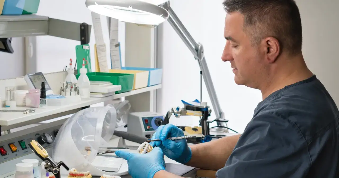 Pracownia technika dentystycznego. Precyzyjna praca nad protezą, która wpływa na technik dentystyczny zarobki.
